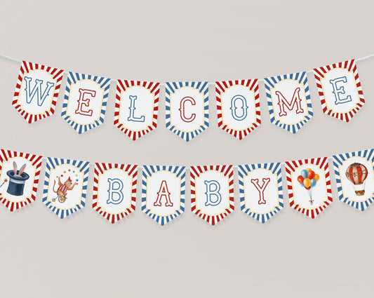 circus baby shower banner, editable vintage carnival banner pennants, gender neutral baby shower for boy, editable instant download