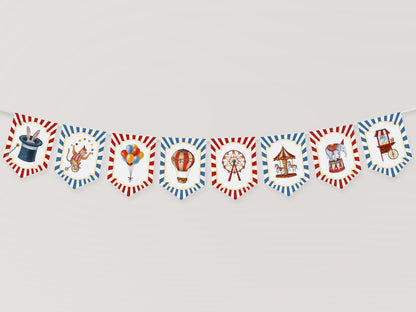 circus happy birthday party banner, editable vintage carnival banner pennants, gender neutral birthday for boy, editable instant download