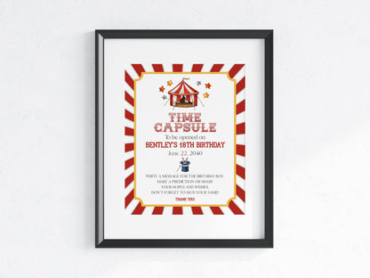 Circus Theme Time Capsule for Birthday Party Instant Download, carnival advice for baby gender neutral party décor sign, circus party card