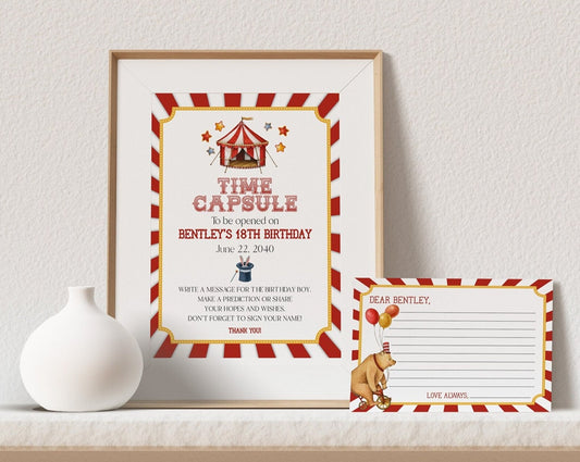 Circus Theme Time Capsule for Birthday Party Instant Download, carnival advice for baby gender neutral party décor sign, circus party card