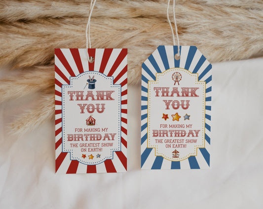 Circus Birthday Favor Tags Printable Template, gender neutral carnival birthday party for boy, instant download thank you tag circus animals