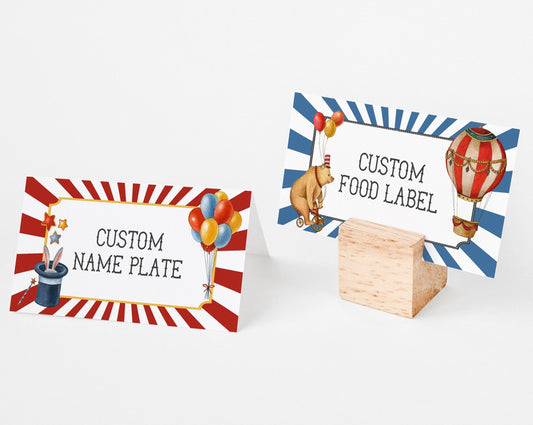 Circus Place Cards Printable Template, baby shower or birthday party, editable guest name buffet food label, gender neutral carnival décor