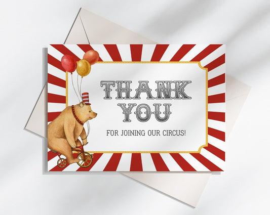 Circus Baby Shower Thank You Card Printable Template, gender neutral carnival animals birthday party for boy thank you card instant download