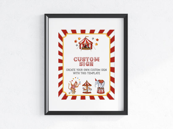 Circus Custom Sign Printable Party Decor Template, baby shower or birthday party, gender neutral carnival for boy, circus animal