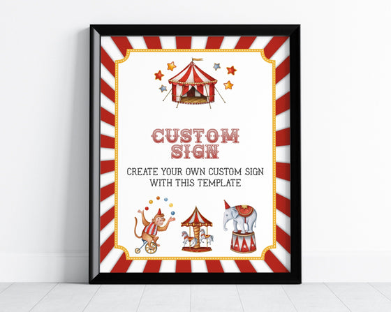 Circus Custom Sign Printable Party Decor Template, baby shower or birthday party, gender neutral carnival for boy, circus animal