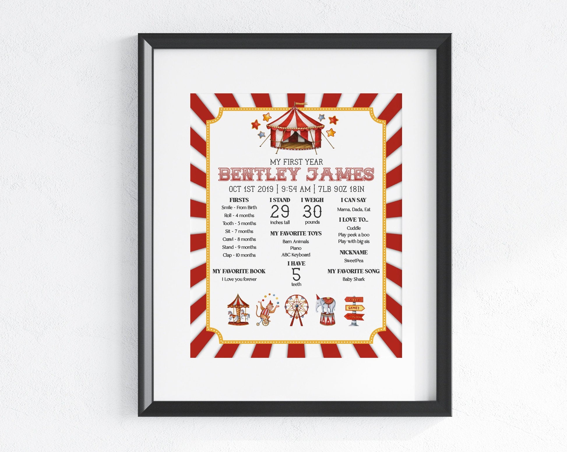 Circus first birthday party Editable Birthday Milestone Keepsake gift, Carnival theme My first year Baby's First Birthday Sign