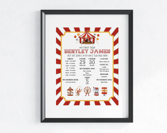 Circus first birthday party Editable Birthday Milestone Keepsake gift, Carnival theme My first year Baby's First Birthday Sign