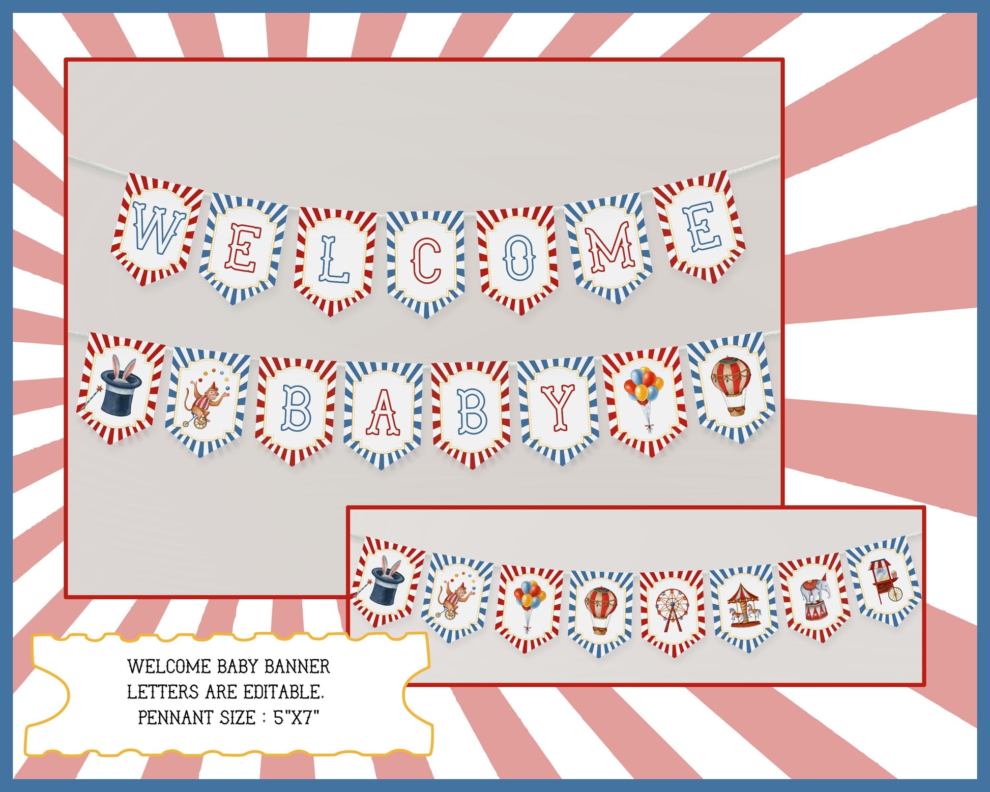 Circus Baby Shower Bundle Template, printable gender neutral carnival decorations with circus animals, instant download come one come all!