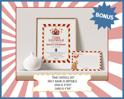 Circus theme Birthday Party Bundle Template, printable gender neutral carnival decorations with circus animals, editable instant download