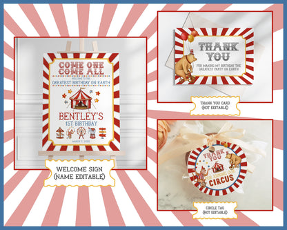 Circus theme Birthday Party Bundle Template, printable gender neutral carnival decorations with circus animals, editable instant download