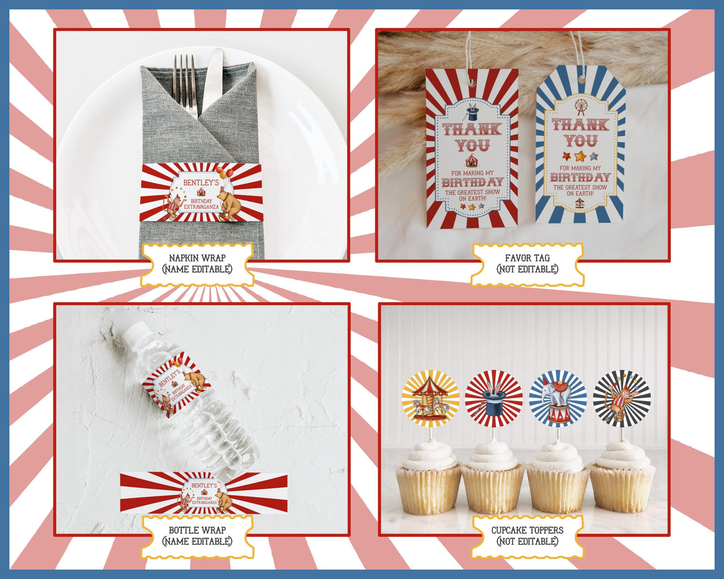 Circus theme Birthday Party Bundle Template, printable gender neutral carnival decorations with circus animals, editable instant download