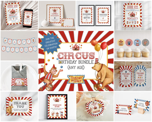 Circus theme Birthday Party Bundle Template, printable gender neutral carnival decorations with circus animals, editable instant download