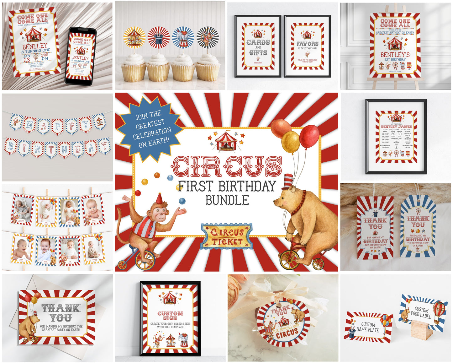 Circus Theme First Birthday Party Bundle Template, printable gender neutral carnival decor with circus animals, editable instant download