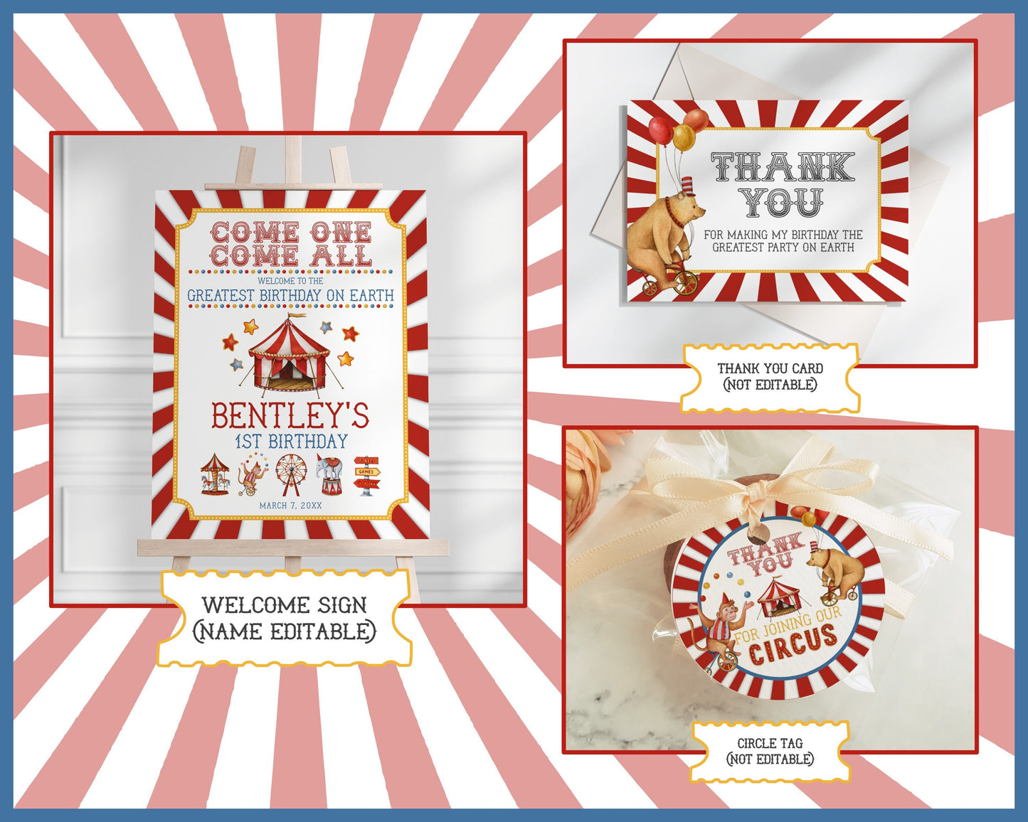 Circus Theme First Birthday Party Bundle Template, printable gender neutral carnival decor with circus animals, editable instant download