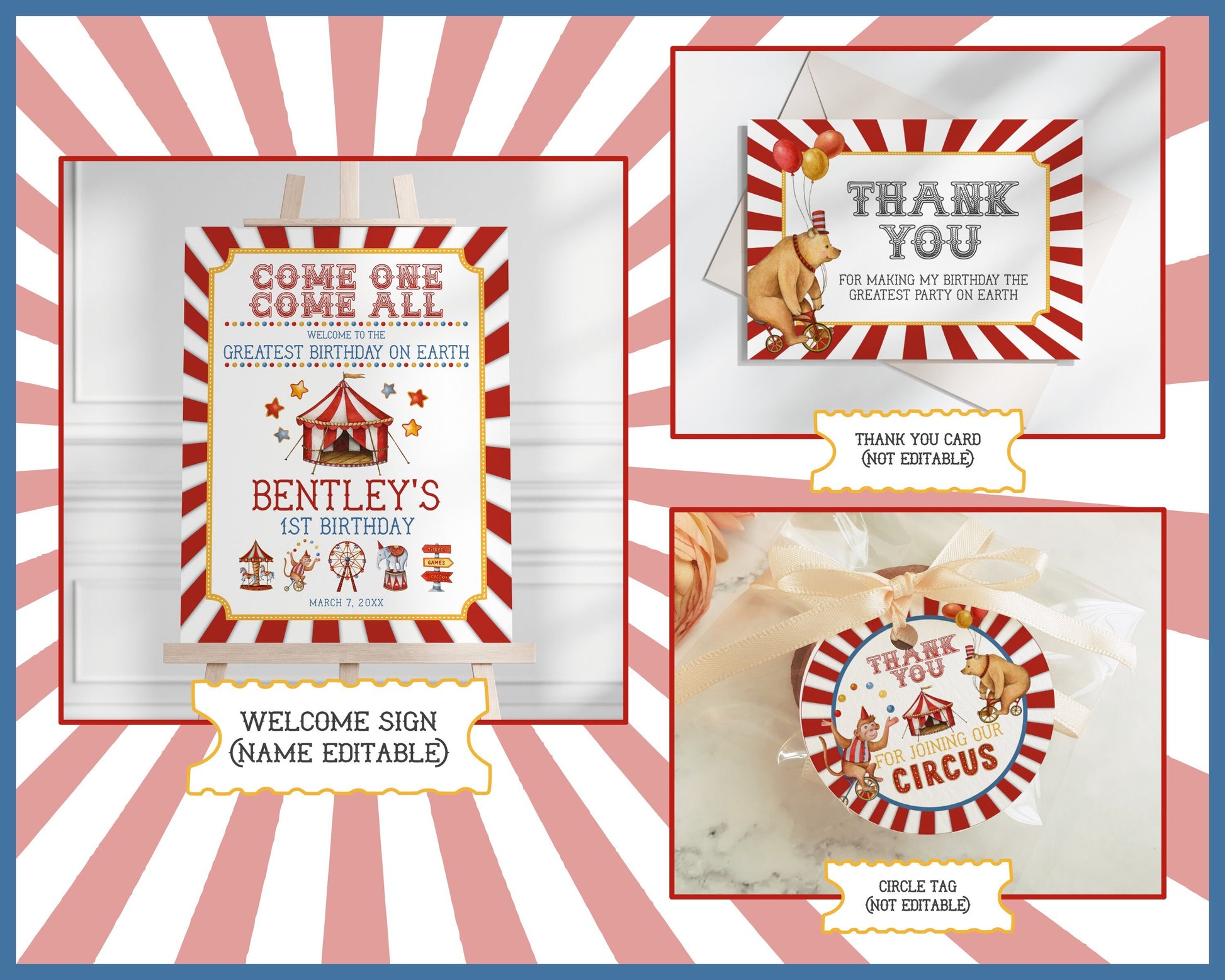 Circus Theme First Birthday Party Bundle Template, printable gender neutral carnival decor with circus animals, editable instant download