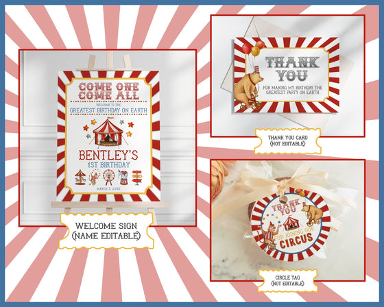 Circus Theme First Birthday Party Bundle Template, printable gender neutral carnival decor with circus animals, editable instant download