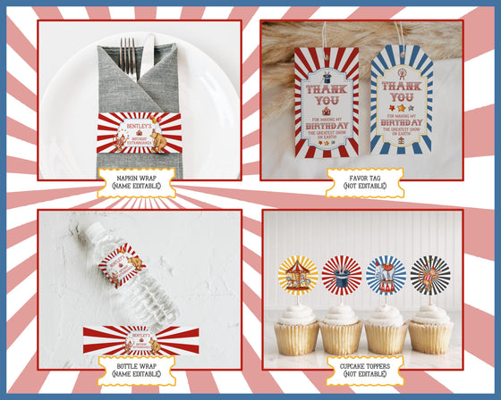 Circus Theme First Birthday Party Bundle Template, printable gender neutral carnival decor with circus animals, editable instant download