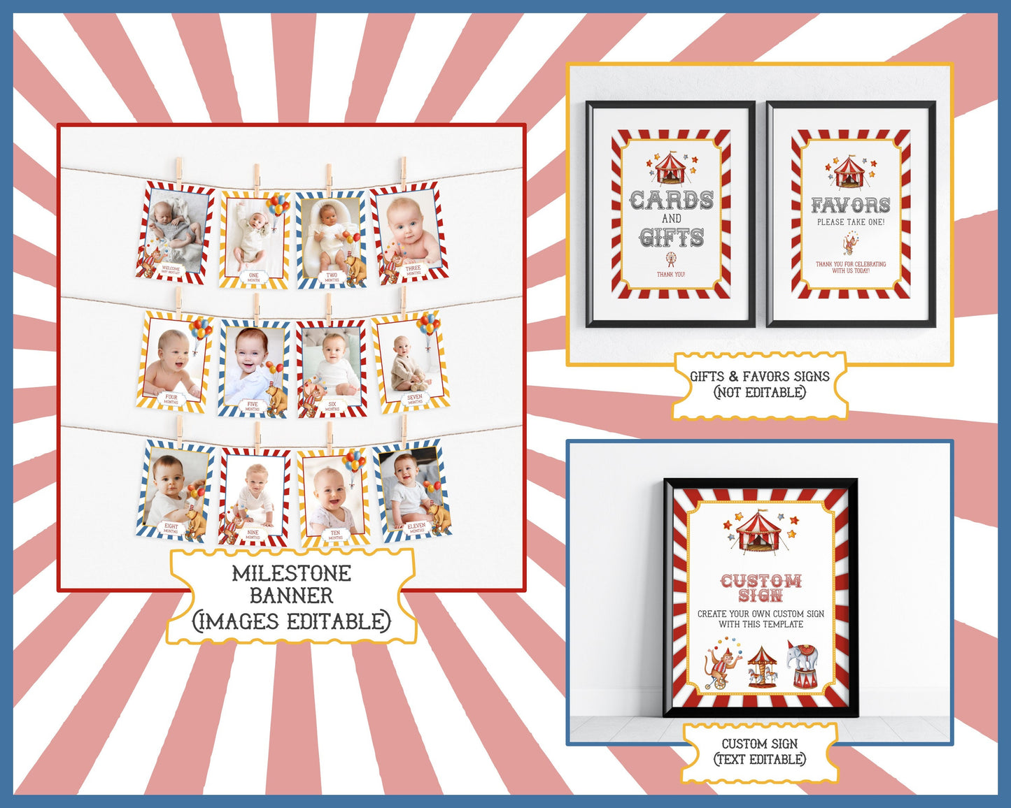 Circus Theme First Birthday Party Bundle Template, printable gender neutral carnival decor with circus animals, editable instant download