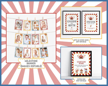 Circus Theme First Birthday Party Bundle Template, printable gender neutral carnival decor with circus animals, editable instant download