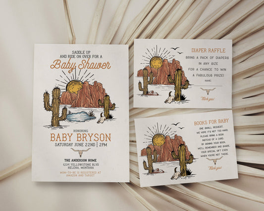 Wild West Baby Shower Invitation Bundle Instant Download, little cowboy invitation Texas rodeo baby shower for boy, southwestern baby shower