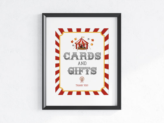 Circus Cards and Gifts Sign and Favors Sign Printable Template for Birthday, Carnival Baby Shower, instant download gender neutral party