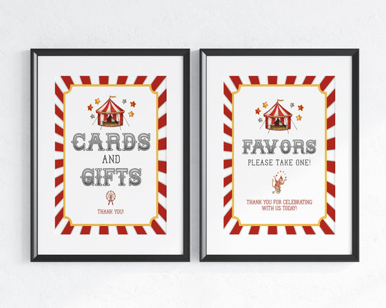 Circus Cards and Gifts Sign and Favors Sign Printable Template for Birthday, Carnival Baby Shower, instant download gender neutral party