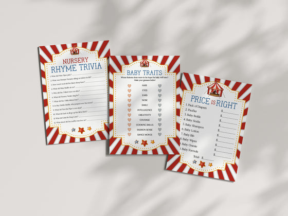 Circus baby shower games bundle, carnival animals gender neutral carnival game package instant download