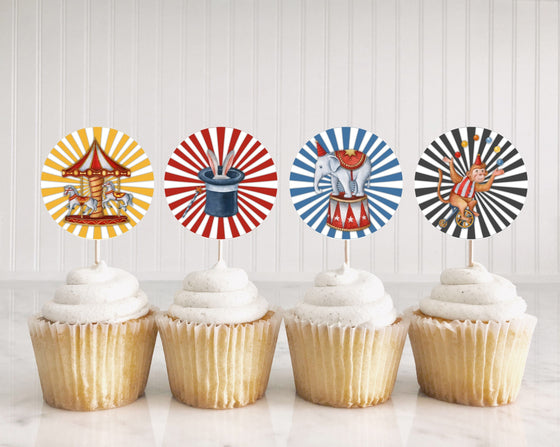 Circus Cupcake Toppers Printable, Carnival gender neutral baby shower or birthday party for boy circus animals cupcake toppers vintage