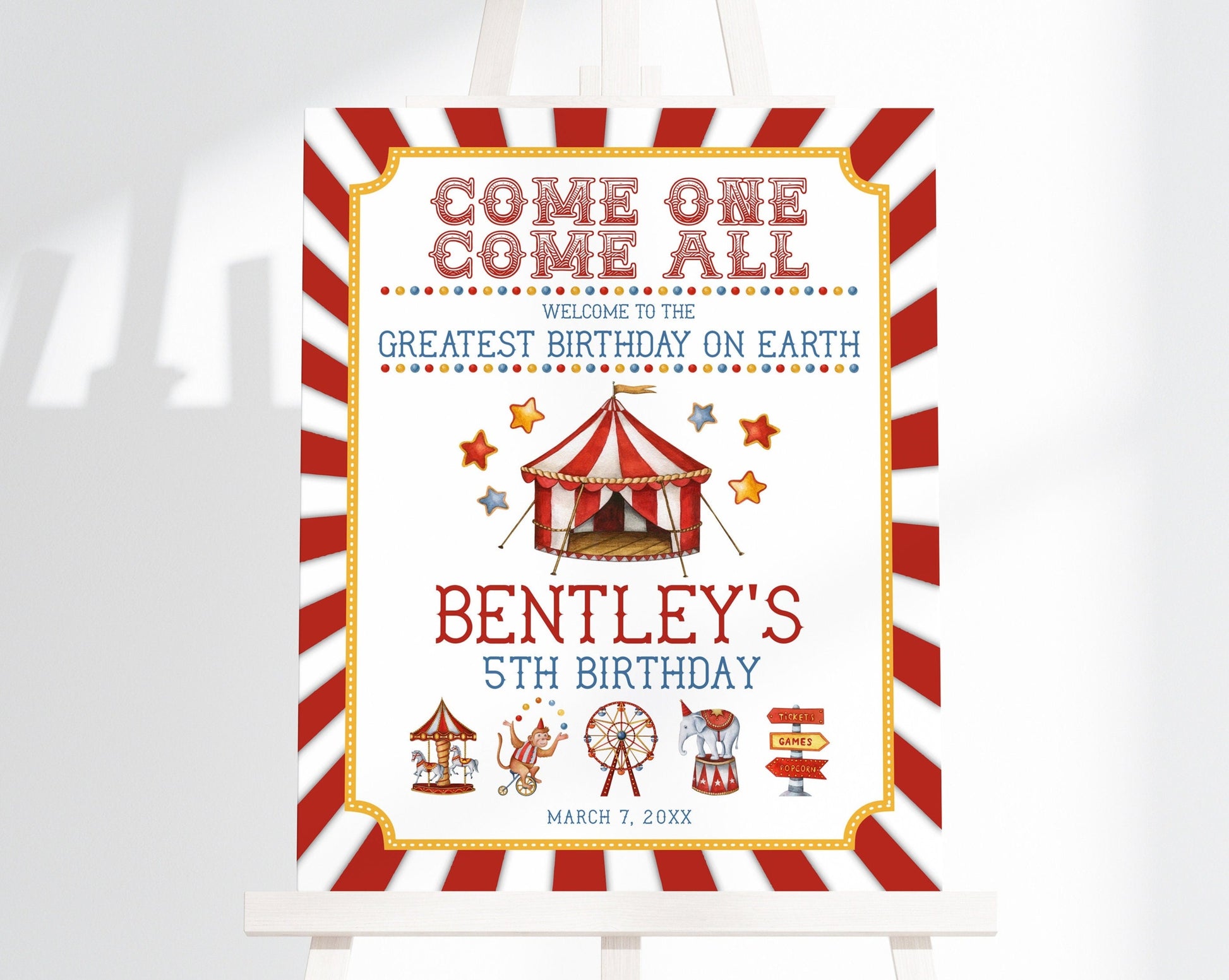 Circus Birthday Party Welcome Sign Printable Template, gender neutral carnival animal birthday party for boy vintage circus instant download