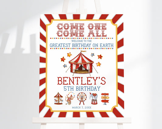 Circus Birthday Party Welcome Sign Printable Template, gender neutral carnival animal birthday party for boy vintage circus instant download