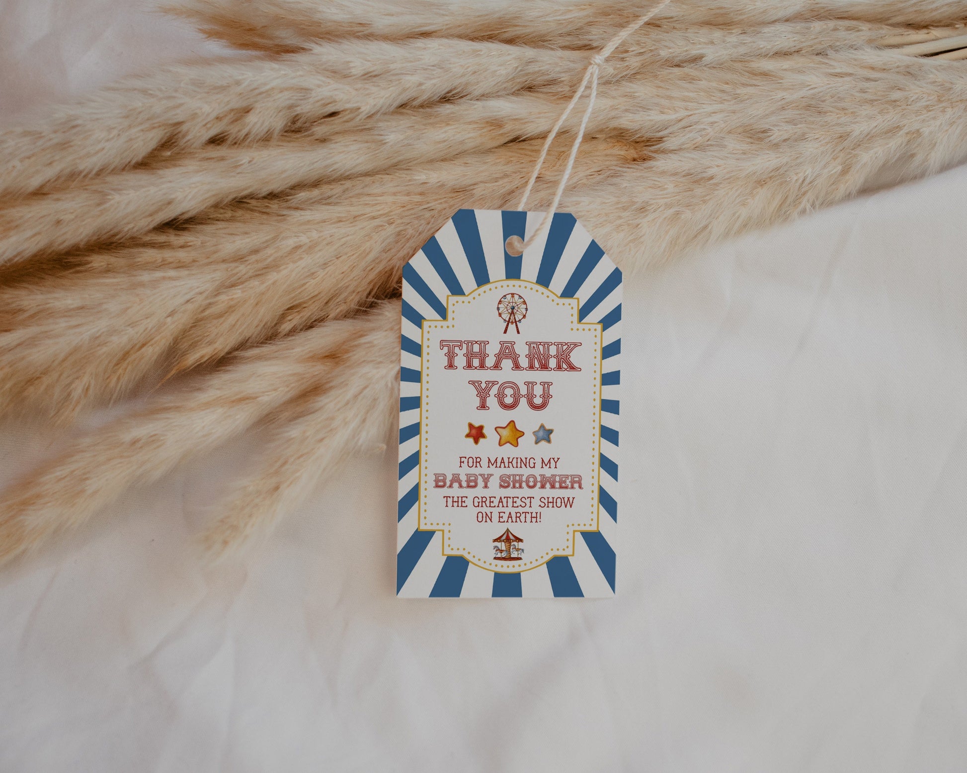 Circus Baby Shower Circle Tag Printable Template, gender neutral carnival baby shower for boy, instant download thank you tag circus animals