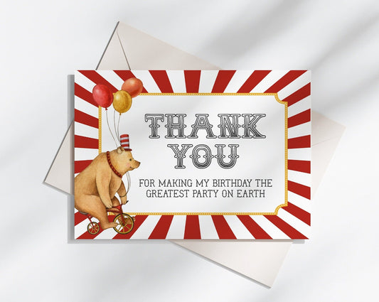 Circus Birthday Party Thank You Card Printable Template, gender neutral carnival birthday party for boy instant download with circus animals