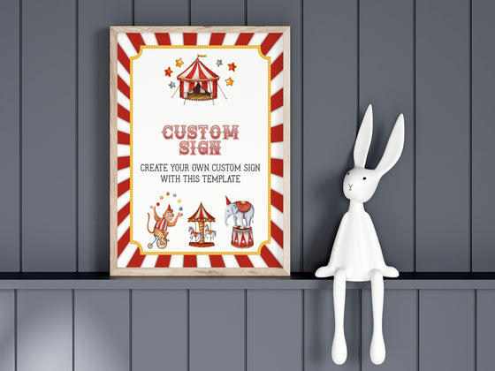 Circus Custom Sign Printable Party Decor Template, baby shower or birthday party, gender neutral carnival for boy, circus animal