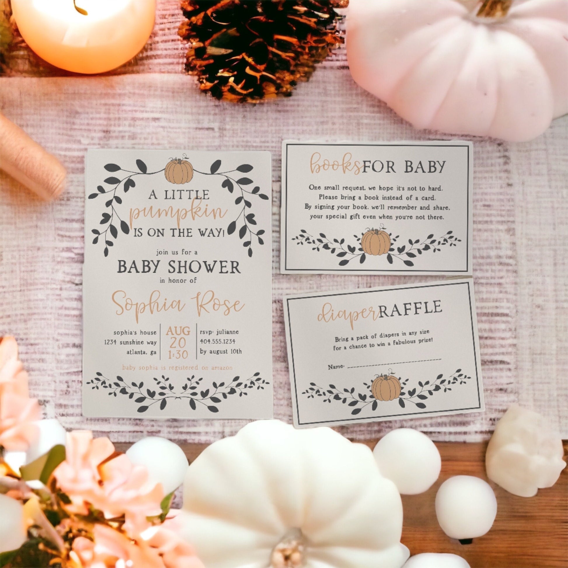 Little Pumpkin Fall Baby Shower Invitation Set Template, autumn baby shower invite set, a little pumpkin is on the way instant download