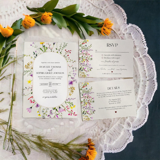 Delicate Wildflower 3 Piece Wedding Invitation Template Set, floral wedding invite set, spring summer boho wedding, simple floral wedding