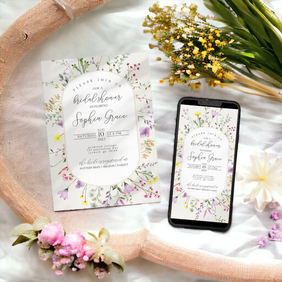 Delicate Wildflower Bridal Shower Invitation Set Template, floral bridal shower invites set, spring summer florals, bridal shower evite