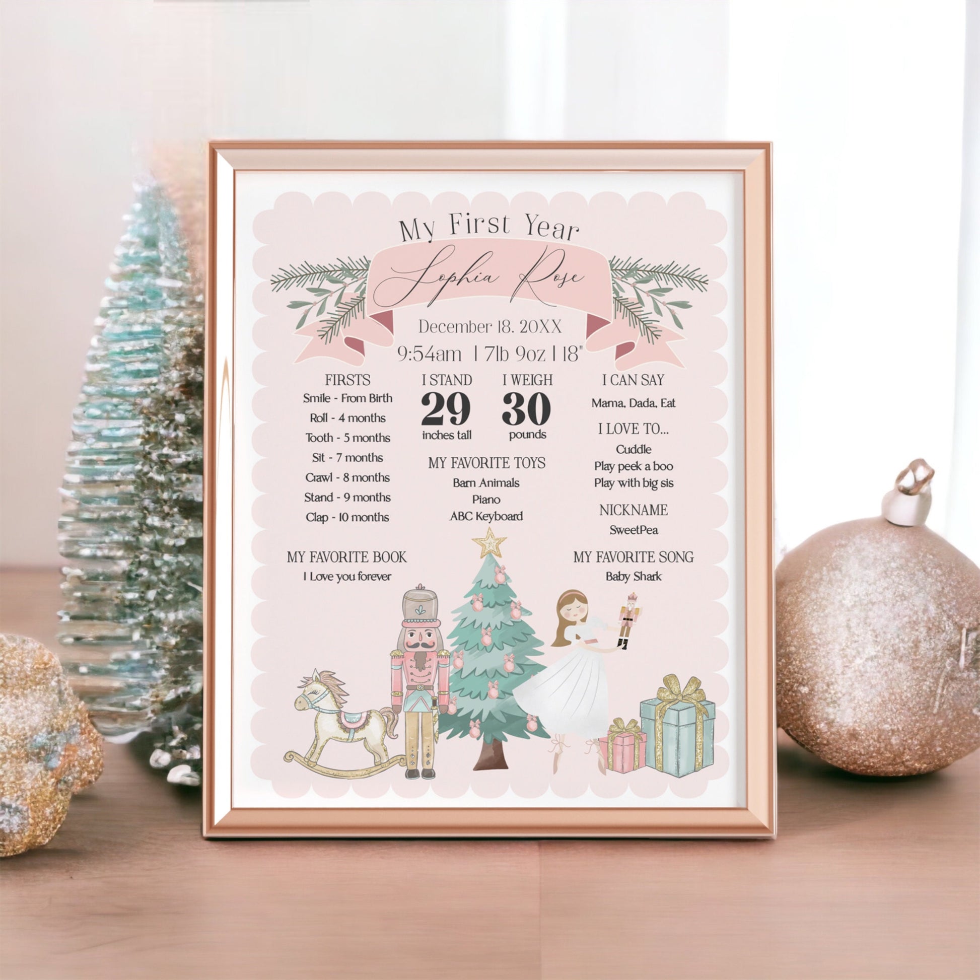 Pastel Pink Nutcracker Winter Onederland First Birthday Bundle Printable, download christmas birthday party for girl sugar plum holiday