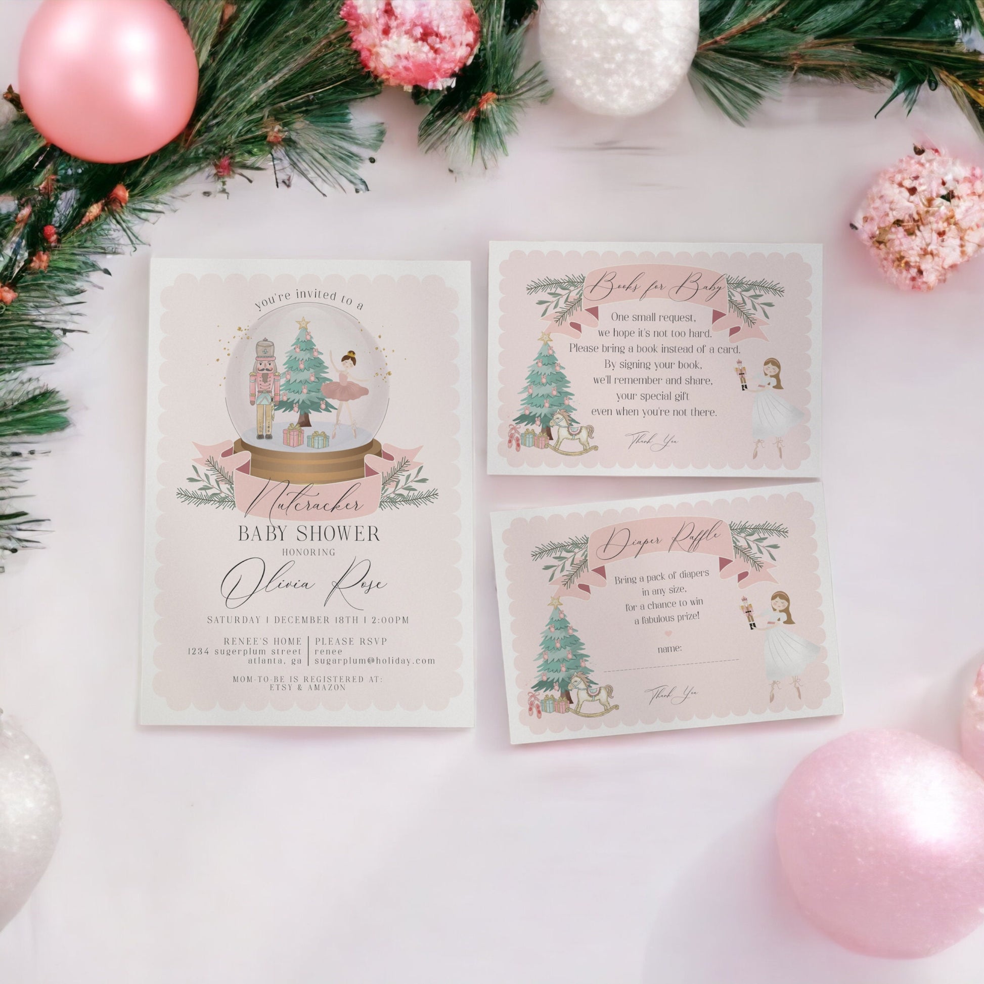 Pastel Pink Nutcracker Baby Shower Bundle Printable, instant download christmas winter wonderland girl baby shower sugar plum holiday shower