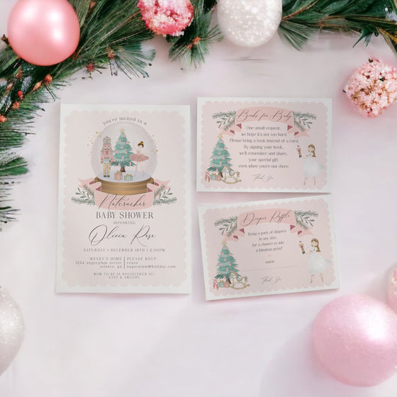 Pastel Pink Nutcracker Baby Shower Bundle Printable, instant download christmas winter wonderland girl baby shower sugar plum holiday shower