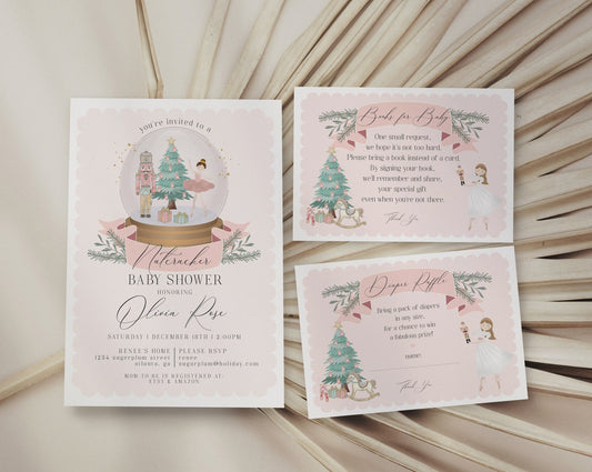 Pastel Pink Nutcracker Baby Shower Invitation Bundle Instant Download, christmas winter wonderland baby shower for girl sugar plum ballet