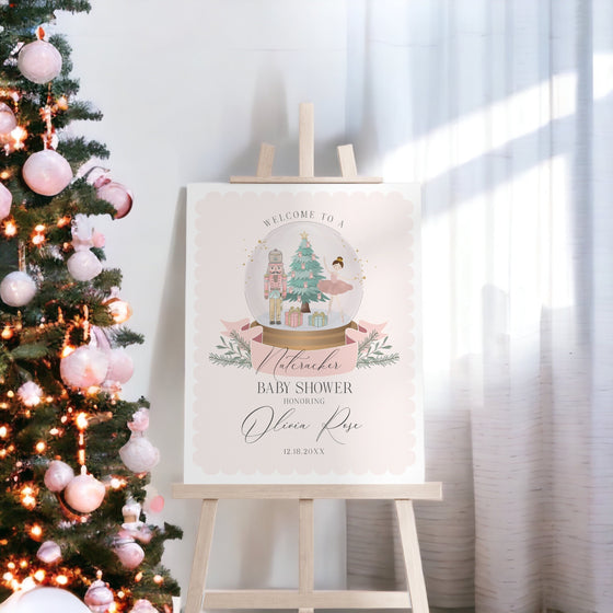 Pastel Pink Nutcracker Baby Shower Welcome Sign Template, instant download christmas winter wonderland baby shower for girl sugar plum fairy