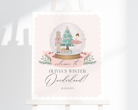 Pastel Pink Nutcracker First Birthday Welcome Sign Template, instant download christmas winter onederland birthday party for girl sugar plum