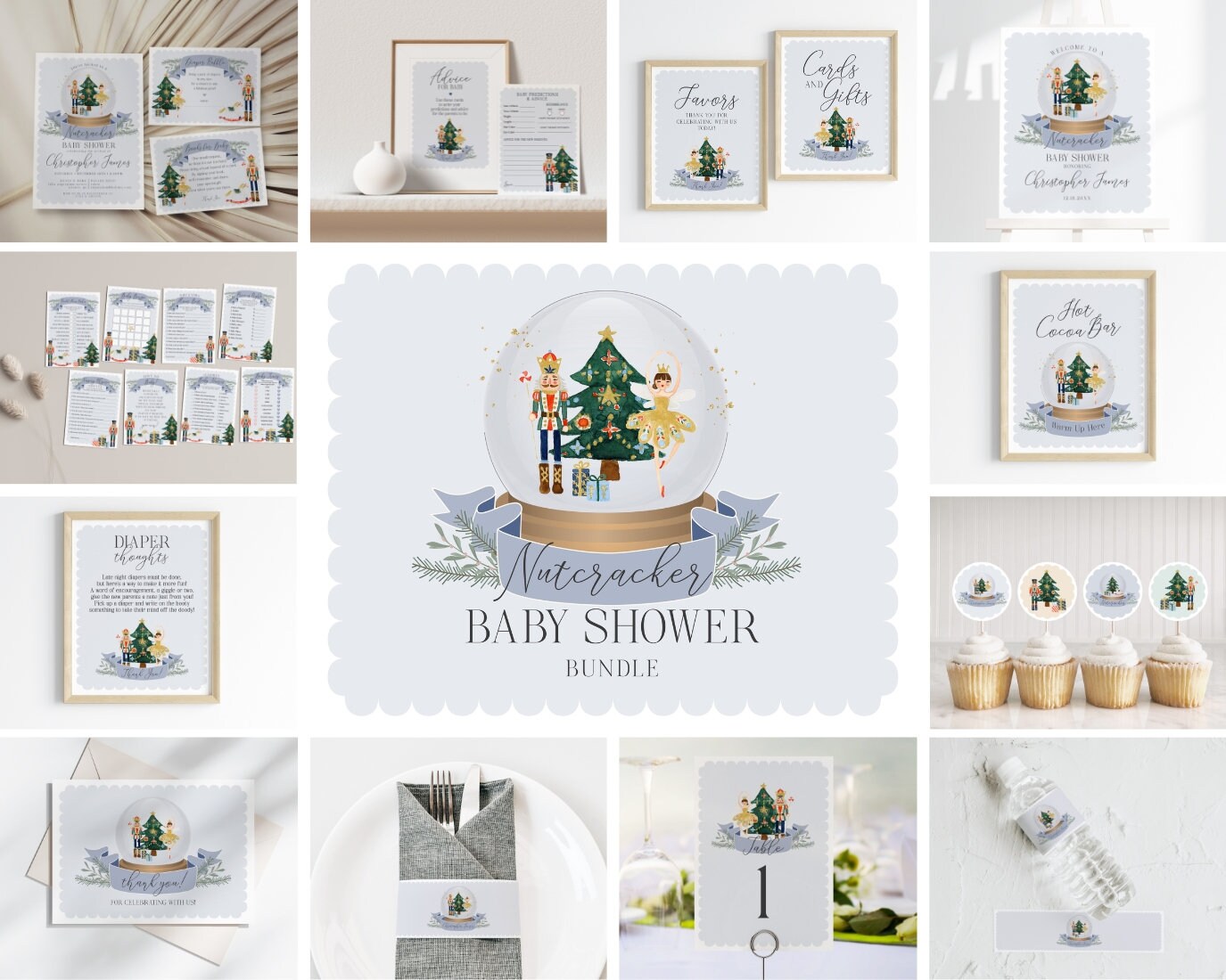 Blue nutcracker Baby Shower Bundle Printable, template instant download Christmas winter wonderland gender neutral baby shower for boy