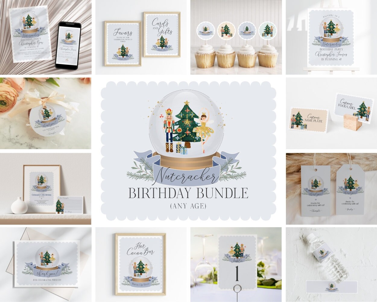 Blue nutcracker Birthday Bundle Printable Template, instant download Christmas winter wonderland gender neutral birthday party for boy