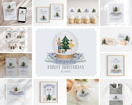 Blue nutcracker First Birthday Bundle Printable, template instant download Christmas winter onederland gender neutral birthday party for boy