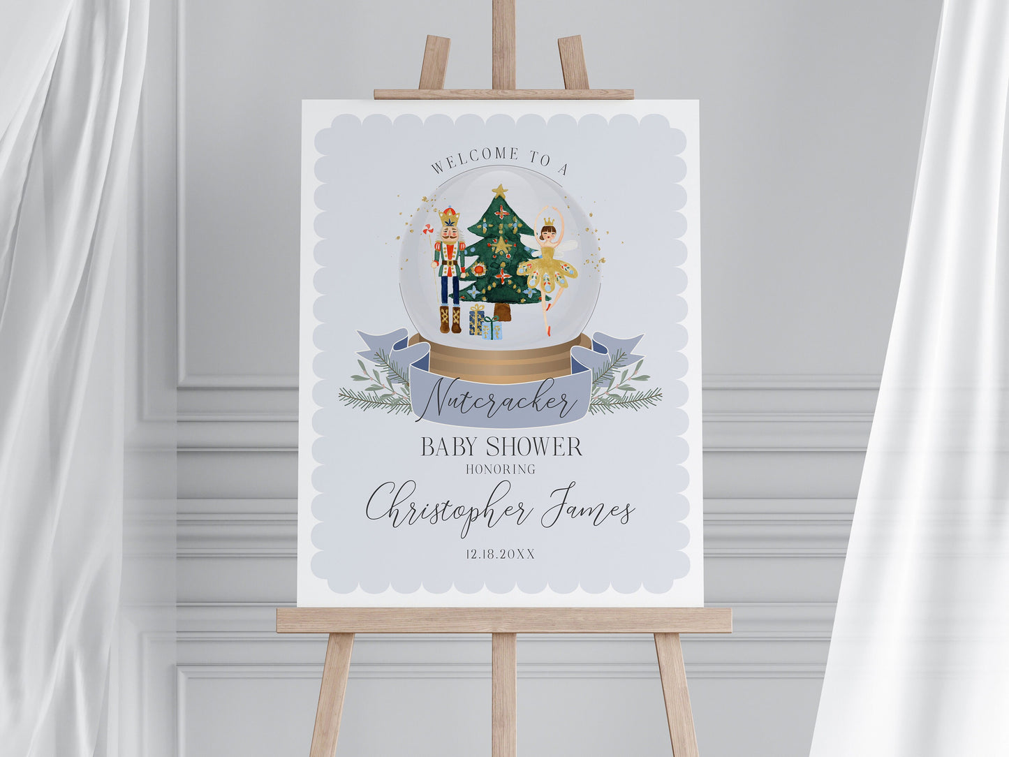 Blue Nutcracker Baby Shower Welcome Sign Template, instant download Christmas winter wonderland gender neutral baby shower for boy, ballet