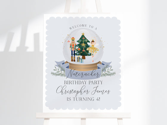 Blue Nutcracker First Birthday Welcome Sign Template, instant download christmas winter onederland gender neutral birthday party for boy