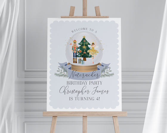 Blue Nutcracker First Birthday Welcome Sign Template, instant download christmas winter onederland gender neutral birthday party for boy