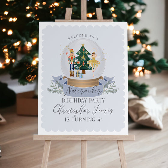 Blue Nutcracker First Birthday Welcome Sign Template, instant download christmas winter onederland gender neutral birthday party for boy