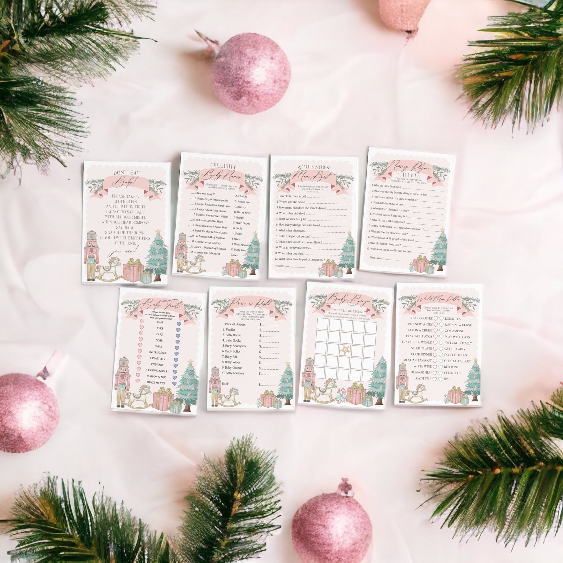 Pastel Pink Nutcracker Baby Shower Games Bundle, instant download Christmas winter wonderland baby shower for girl sugar plum ballet